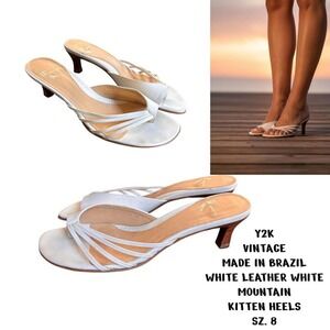 Y2K VTG. MADE IN BRAZIL WHITE LEATHER STRAPPY KITTEN HEELS SZ. 8 WHITE MOUNTAIN.